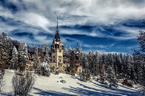 Hd Wallpaper Castles Peles Castle Forest Romania Sky Snow Winter