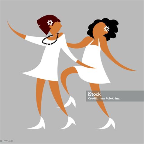 Two Cute Lesbians Have Fun Dancing In White Dresses Stock Illustration