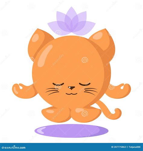 Funny Cute Kawaii Meditating Cat With Lotus Flower Over Head And Round