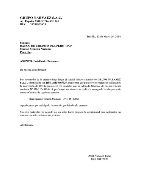 Carta A Bcp Solicitud De Chequeras