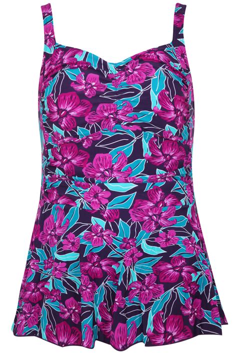Purple Floral Print Skirted Swimsuit With Tummy Control Plus Size 1618