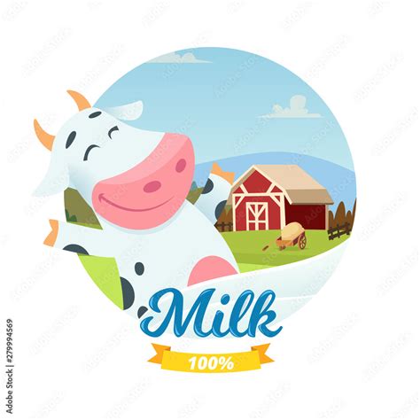 Fresh Farm Milk Vector Banner With Cartoon Character Happy Cow Farm