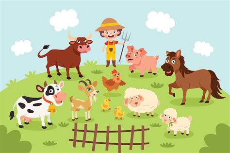 Bauernhof Szene Mit Comic Tiere Premium Vektor
