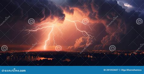 Lightning Over The City Panorama Ai Generative Stock Image Image