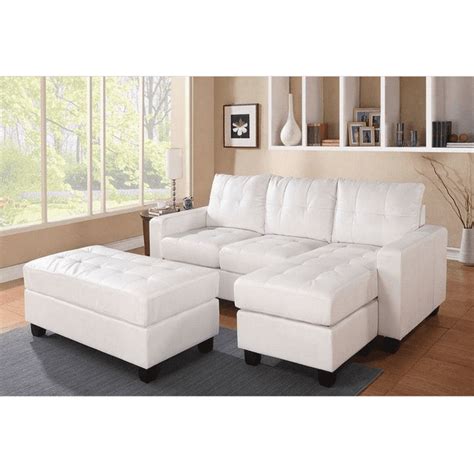 Sectional Sofa Reversible Chaise With Ottoman White Bonded Leather