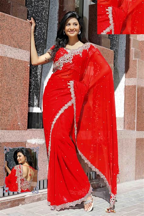 Red Faux Georgette Wedding Saree 16136 With Unstitched Blouse Saree Wedding Latest Indian