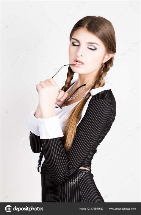 Sexy Secretary Portrait Of Beautiful Brunette Business Lady Wearing In