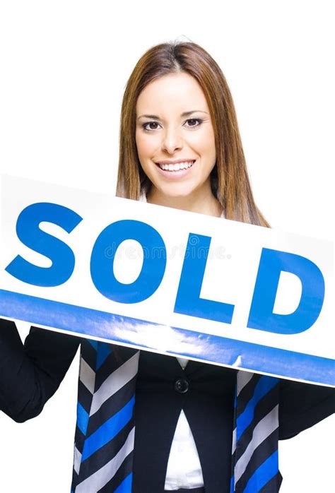 Real Estate Agent Holding Sold Sign Stock Image Image Of Office
