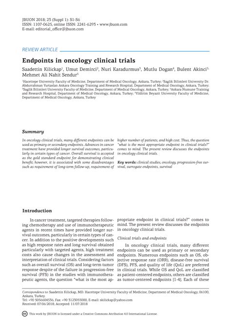 Pdf Endpoints In Oncology Clinical Trials