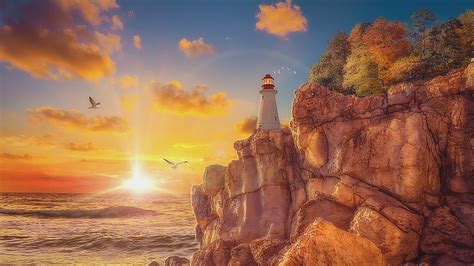Cliff Lighthouse Ocean Rock Wallpaper Resolution1920x1080 Id