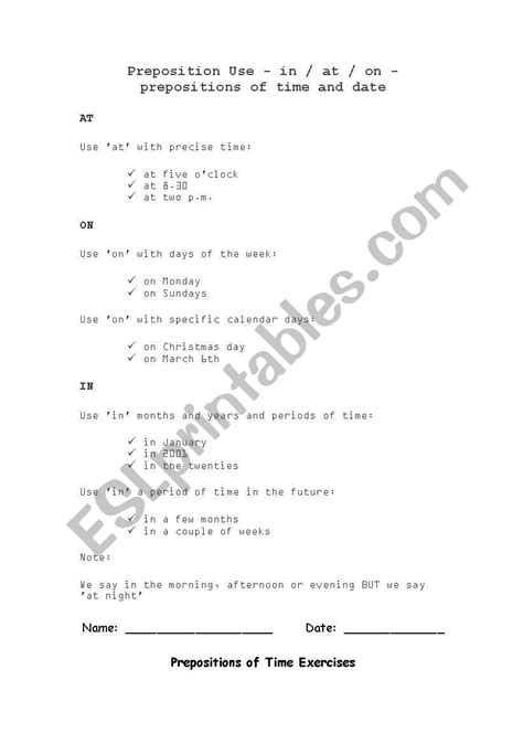 English Worksheets Prepositions Of Time