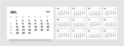 Monthly Calendar For 2024 Year Starts On Sunday Stock Illustration