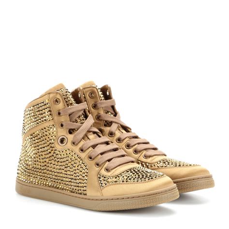 Gucci Crystal Embellished Satin High Top Sneakers In Gold