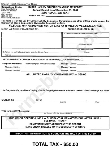 Fillable Limited Liability Company Franchise Tax Report Form Printable