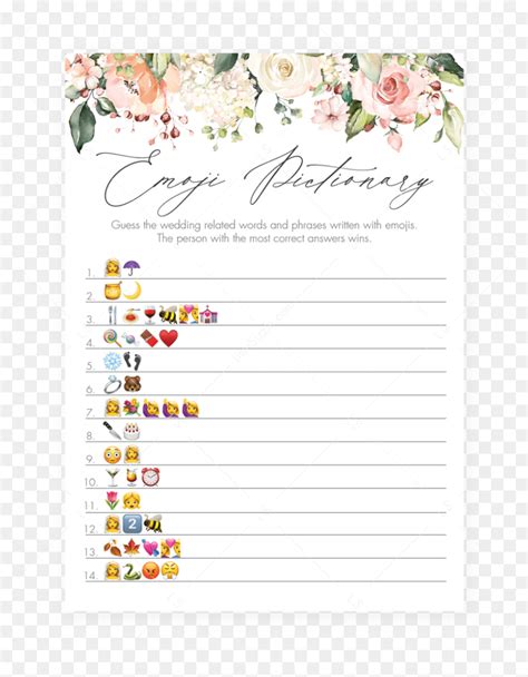 Print as many as you need right from home or your nearest print shop! Floral Bridal Shower Emoji Pictionary Game Printable ...