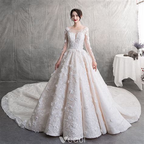 Modern Fashion Champagne Wedding Dresses 2019 A Line Princess Scoop
