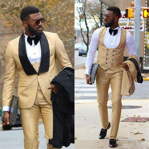 Gold Mens Suits With Black Shawl Lapel Three Pieces Groomsmen Wedding