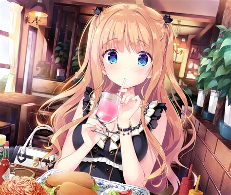 Download Food Bag Straw Drink Blush Blue Eyes Twintails Blonde Long Hair Anime Original Hd