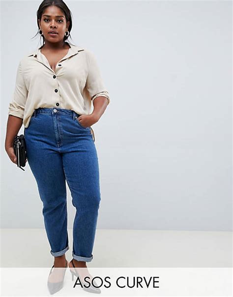 Asos Design Curve Recycled High Rise Farleigh Slim Mom Jeans In Flat Blue Asos