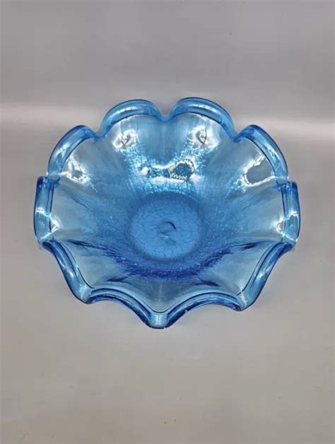 Vintage Blenko Style Cobalt Blue Crackle Glass Wave Bowl With Pontil 29 90 Picclick
