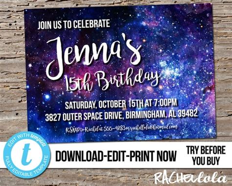Editable Modern Galaxy Birthday Party Invitation Printable Etsy