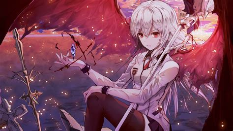 Anime Girl With White Hair And Red Eyes And Wings