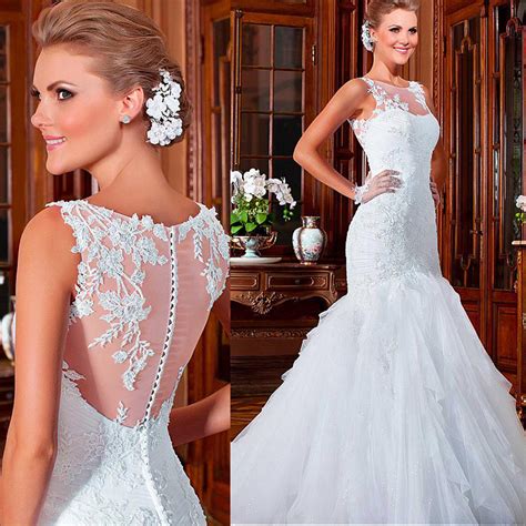alluring tulle jewel neckline mermaid wedding dresses with beaded lace appliques crisscross