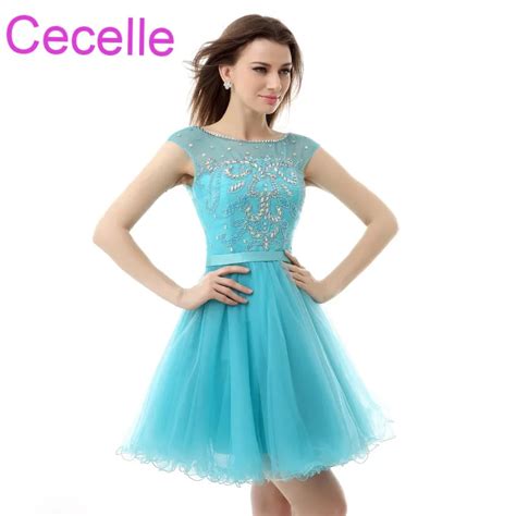 Blue Tulle Short Cocktail Dresses 2019 Beaded Crystals A Line Juniors