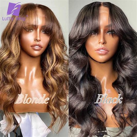 Honey Blond Colored Wet Wavy Human Hair Wigs With Bangs Remy Brazilian