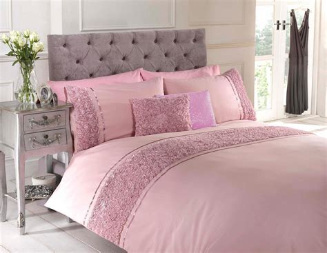 Pink Double Duvet Quilt Cover Bed Set Bedding Raised Rose Ribbon Band