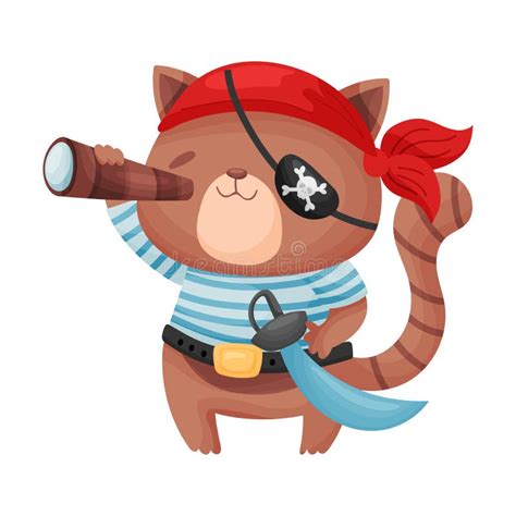 Cute Brown Cat Pirate Vector Illustration On White Background Stock