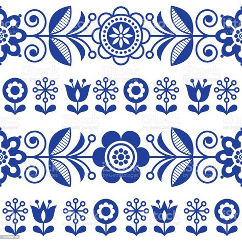 Folk Art Seamless Vector Pattern With Flowers Navy Blue Floral