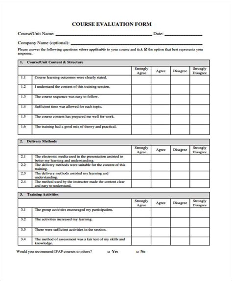 Printable Course Evaluation Form Template Printable Templates