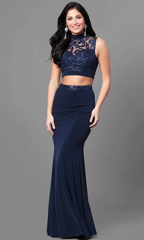 Long Two Piece Blue High Neck Prom Dress Promgirl