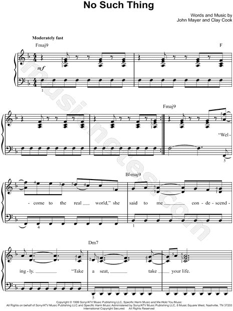 John Mayer No Such Thing Sheet Music Easy Piano In F Major