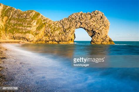 Golden Cliff Arch Blue Ocean Bay Durdle Door Dorset Uk High Res Stock