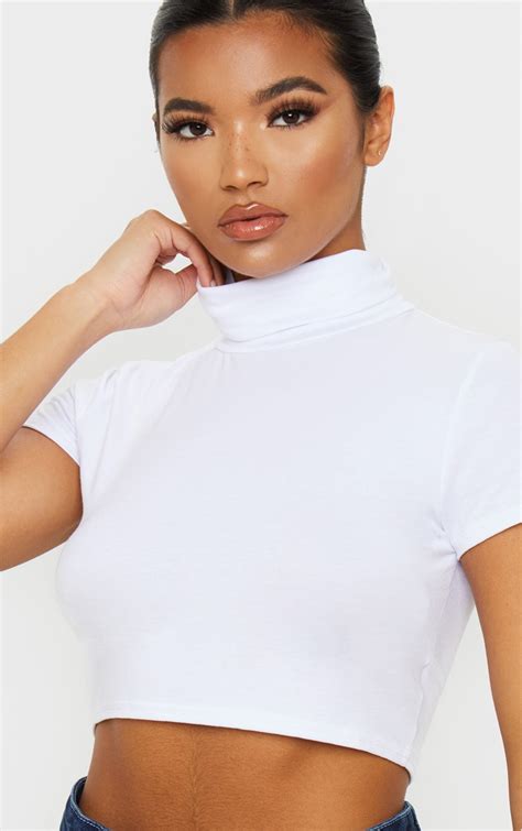 Basic White Jersey High Neck Crop Top Tops Prettylittlething Ie