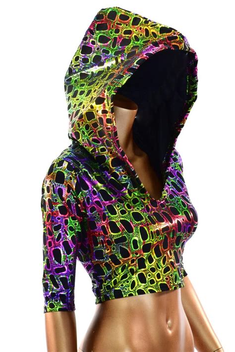 holographic poisonous frog print crop hoodie with half sleeves with images cropped hoodie