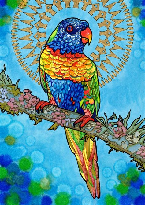Loving Lorikeet Psychedelic Haloed Rainbow Bird Drawing In Sky Blue