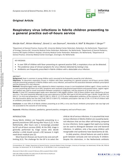 Pdf Respiratory Virus Infections In Febrile Children Presenting To A