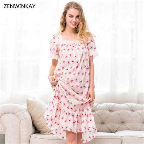 2017 Summer Short Sleeve Print Sleepwear Women Cotton Long Nightgown