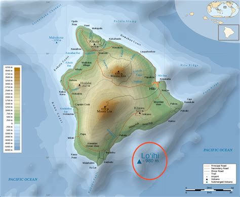 Large detailed physical map of Big Island of Hawaii with roads, cities