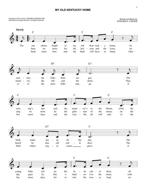 Stephen C Foster My Old Kentucky Home Sheet Music And Chords Easy Lead Sheet Fak Printable
