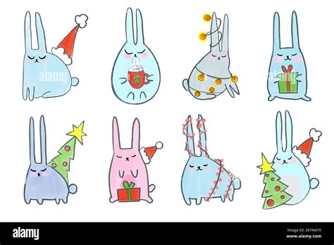 Vector Set With Cute Watercolor Bunnies For Christmas And New Year