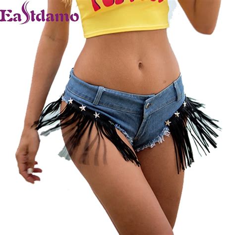 Eastdamo Women Mini Summer Shorts Sexy Hot Low Waist Denim Shorts Candy Color Cute Tassels