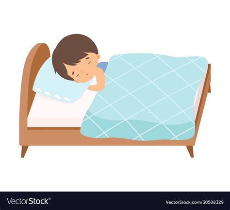 Adorable Little Boy Sleeping Sweetly In His Bed Under Blanket Vector