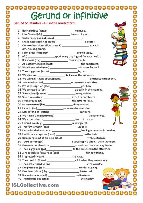 Gerund And Infinitive Printable Worksheets Learning How To Read