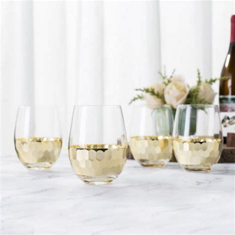 Glass And Gold Tone Hammered Design Stemless Wine Glasses Set Of 4 Myt