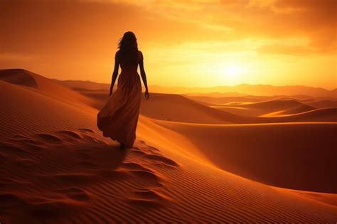 Premium Photo A Woman Walks On The Sand In The Desert At Sunset