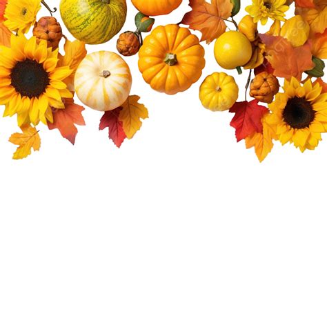 happy thanksgiving concept pumpkins sunflowers apples and fallen leaves top view copy space